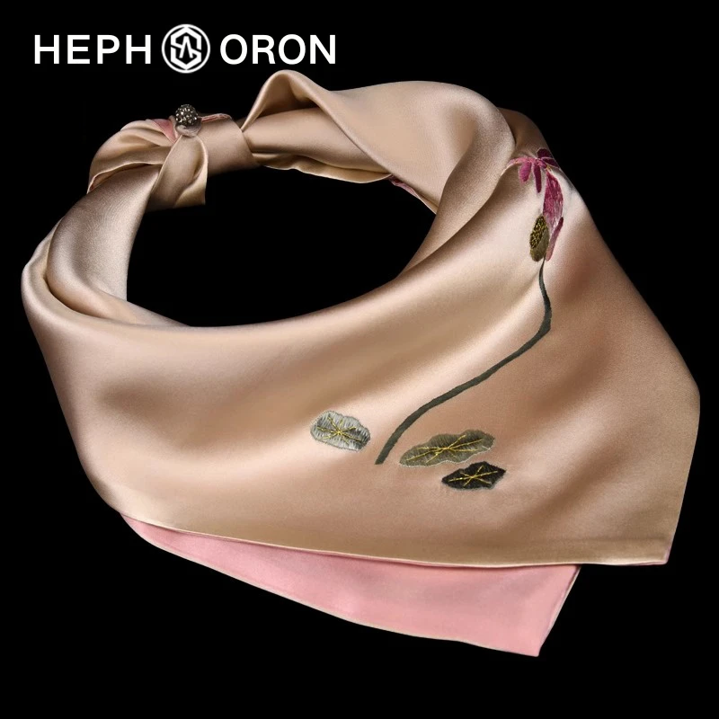 HEPHSORON苏绣丝巾礼盒送妈妈刺绣香槟色旗袍披肩桑蚕丝真丝方巾