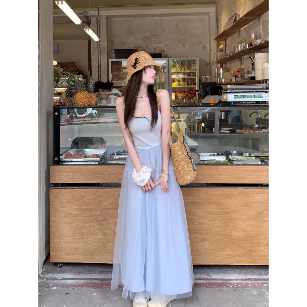 【欧若风】芭蕾舞曲 长款纯欲甜美网纱吊带连衣裙春夏度假裙