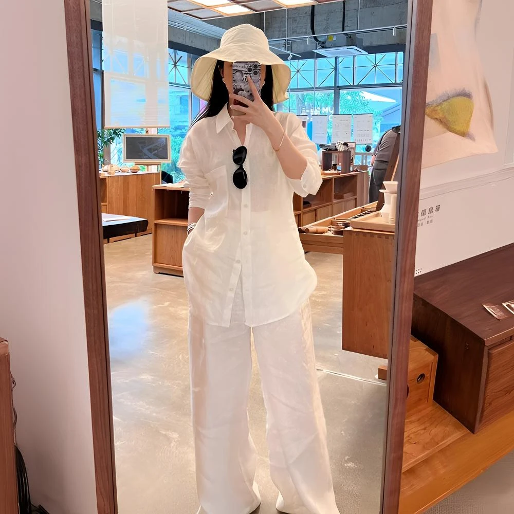 春季2026年新款老钱风休闲亚麻长袖白色防晒衬衫宽松阔腿裤套装女