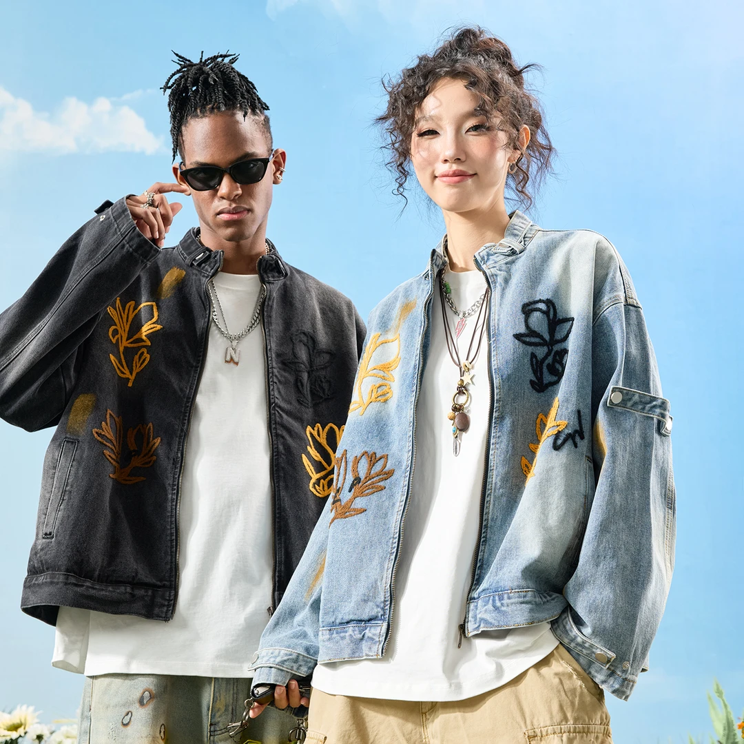Nuthink国潮刺绣花卉牛仔外套夹克美式复古潮牌男女2025秋季新款
