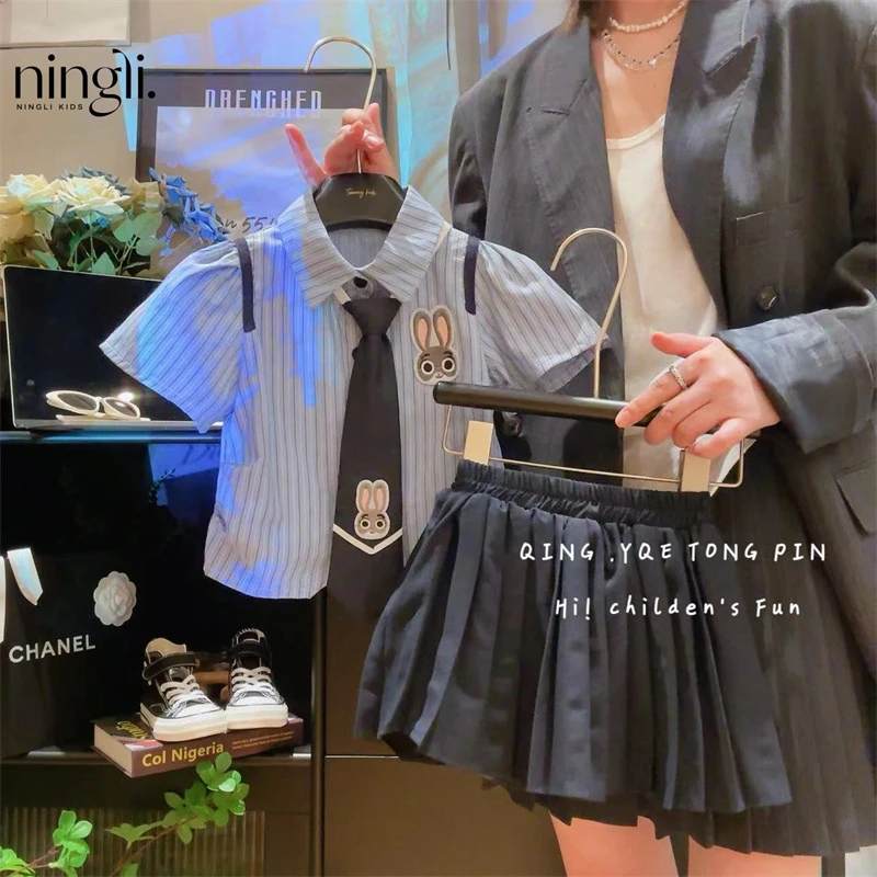 女童夏装衬衣儿童学院风百褶裙套装宝宝翻领蓝条纹短袖衬衫潮