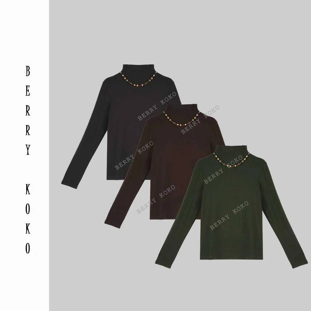 【MISSKO】 复古磨毛休闲时尚加厚高弹百搭显瘦半高领T (带项链)T36