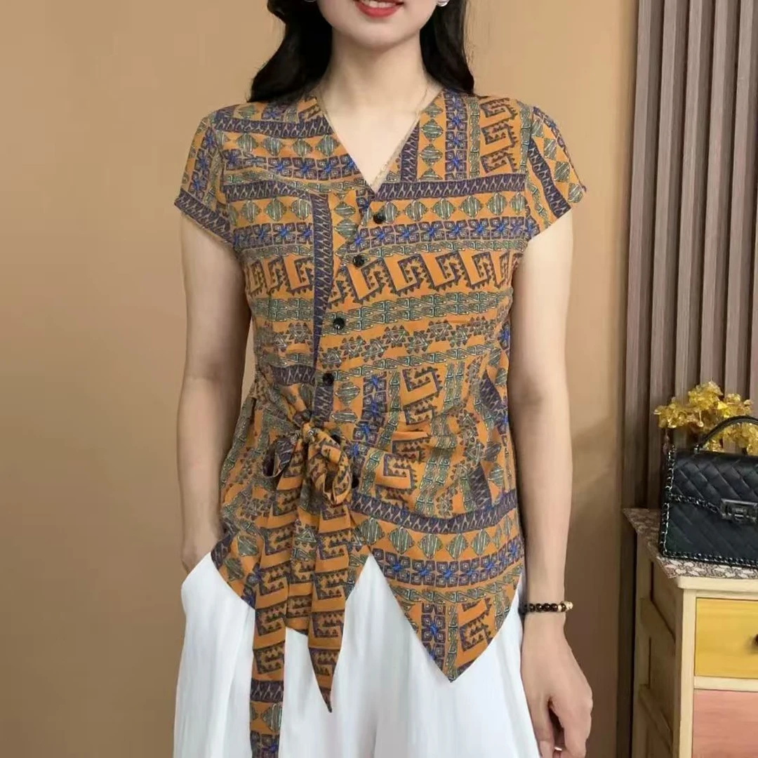 2025年女士V领小袖印花系带夏季清爽舒适透气加大显瘦