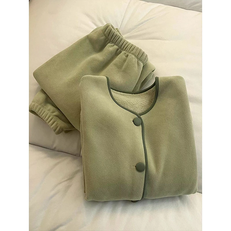 秋冬款小香风纯色珊瑚绒睡衣女款开衫加绒加厚保暖家居服大码套装