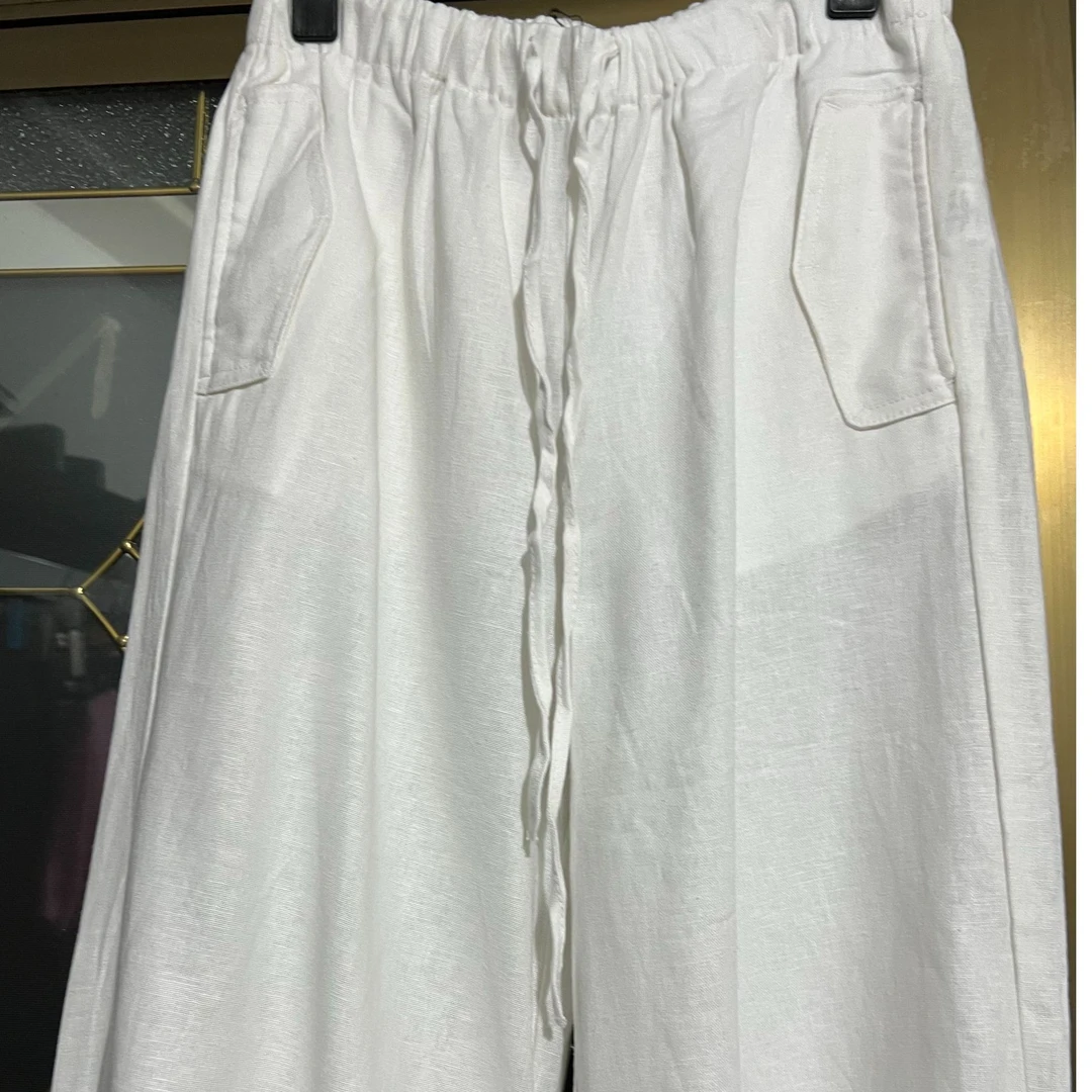 带收束脚口直筒长裤舒适透气含亚麻混纺中高腰休闲裤