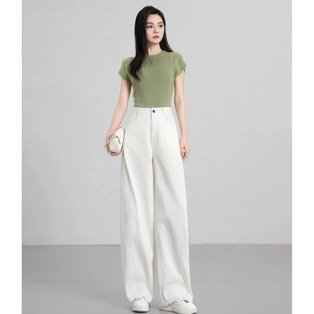 高腰宽松显瘦设计感弯刀阔腿牛仔纯棉女裤垂感拖地裤