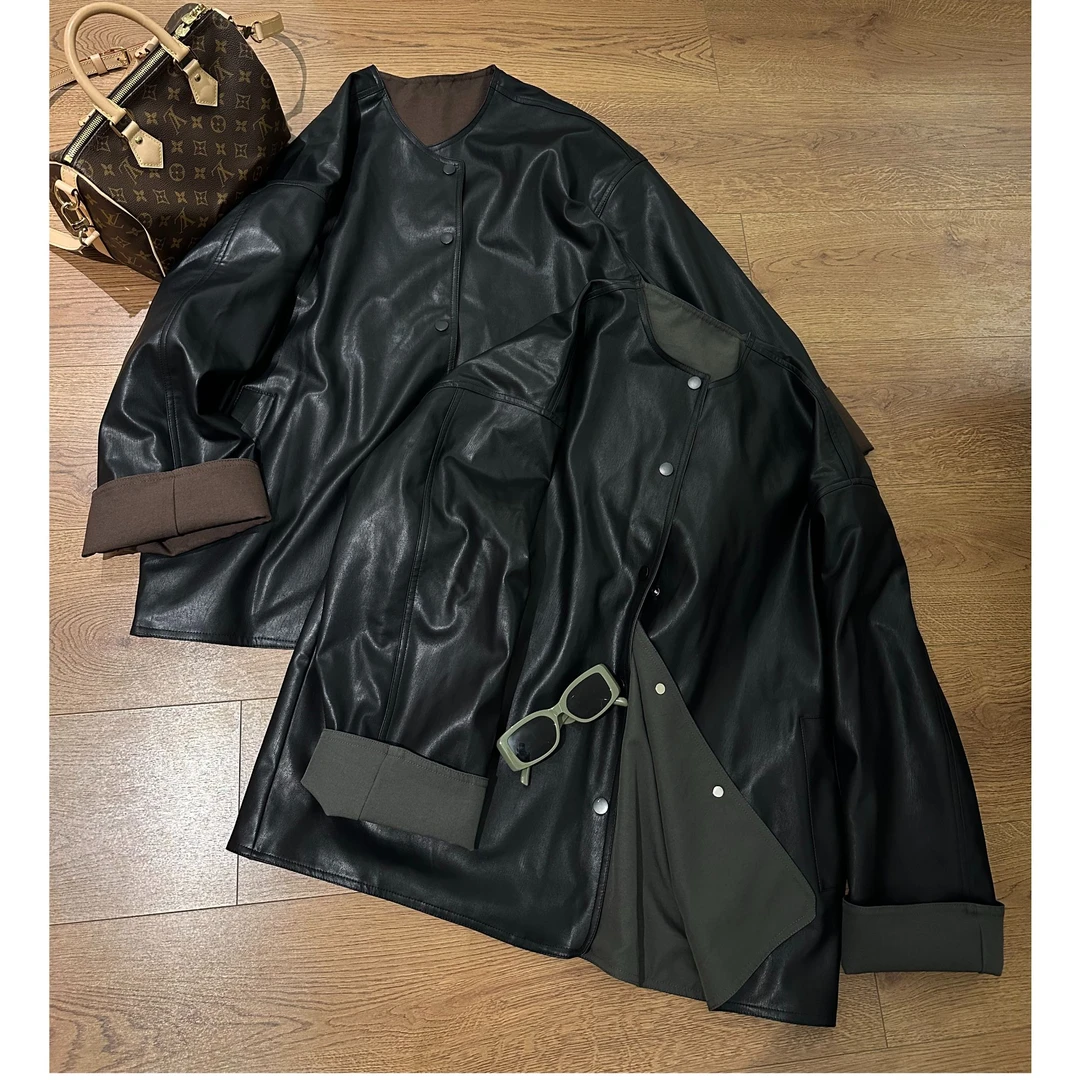 【五五定制】2025新款—春季时尚街头潮流两面穿圆领宽松PU外套