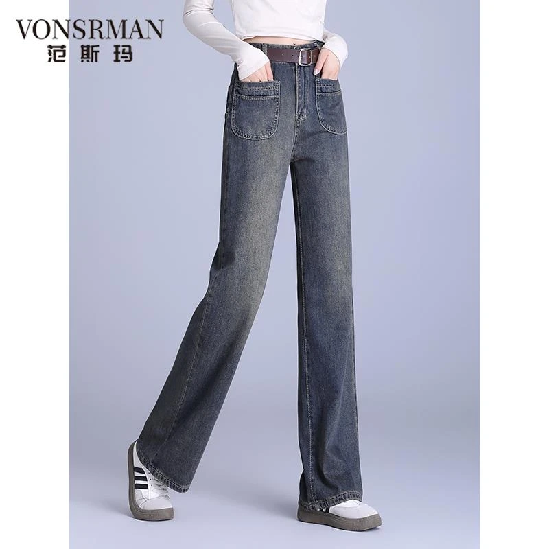 复古蓝窄版牛仔阔腿裤女大口袋长裤2025春秋垂感新款高腰直筒女裤