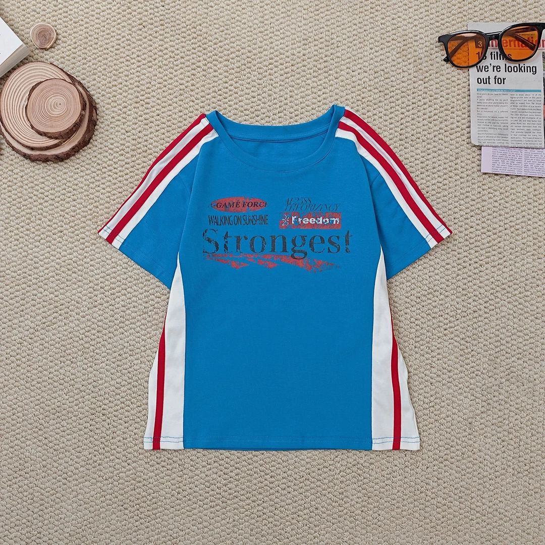 2025夏季新款宽松百搭时尚字母印花拼色短袖T恤1856