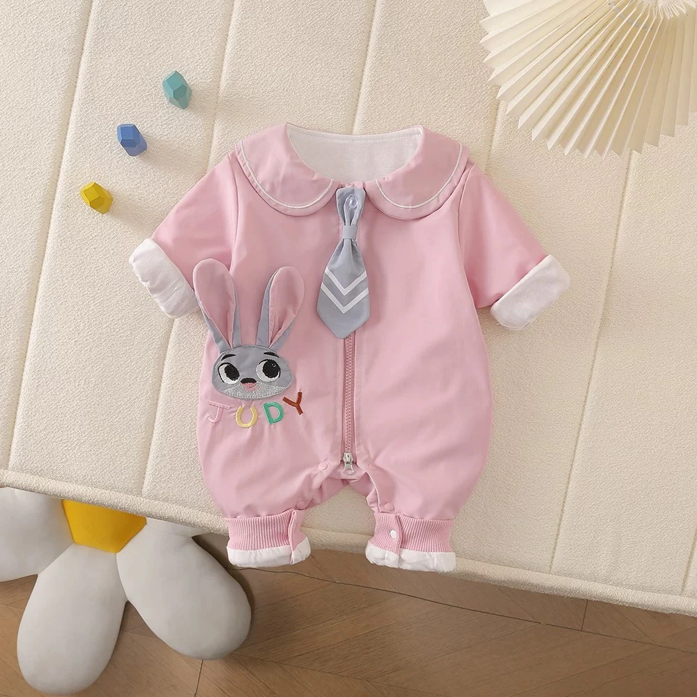 婴儿衣服秋季双层连体衣男女宝宝卡通可爱海军领哈衣洋气外出爬服