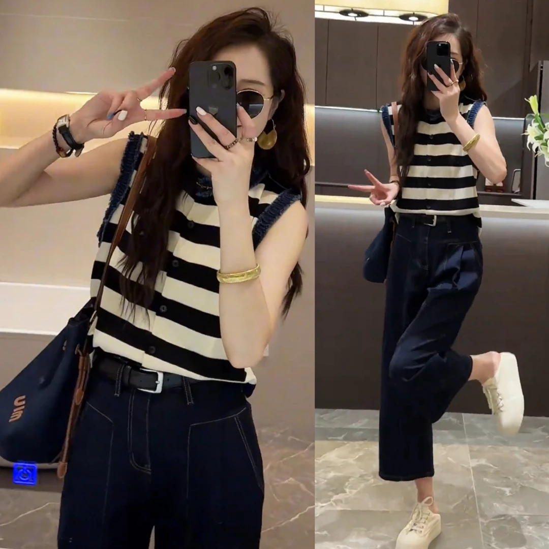 牛仔裤女套装条纹今年时尚针织新款阔腿无袖两件套流行夏季的上衣