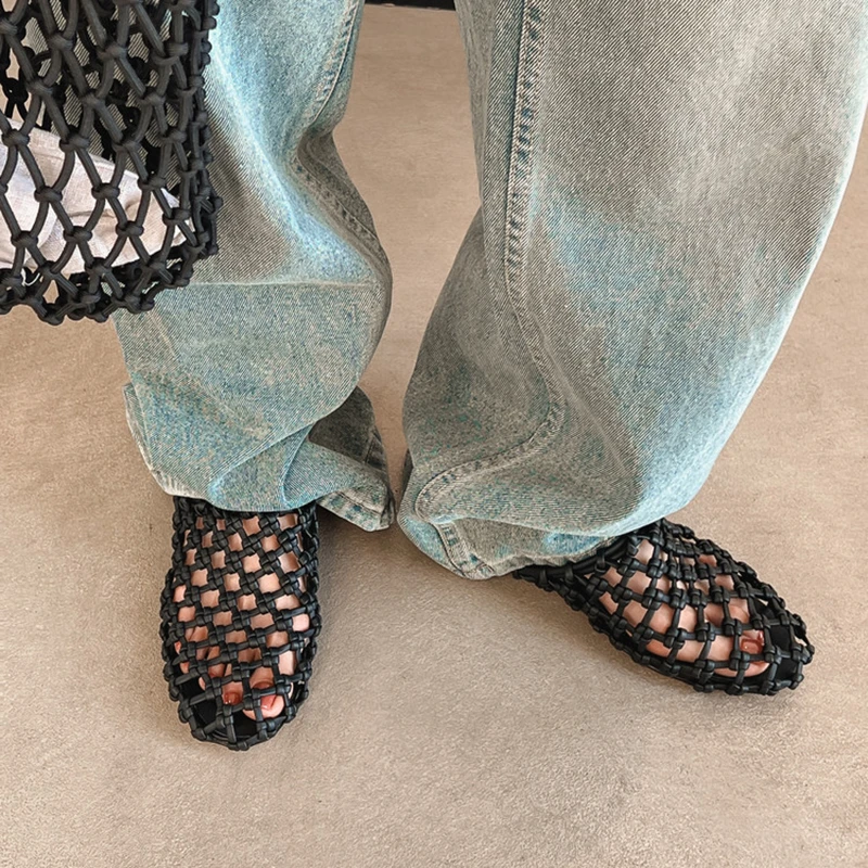 手工编织绳结包头拖鞋女夏季外穿休闲镂空渔网平底半拖鞋2025新款