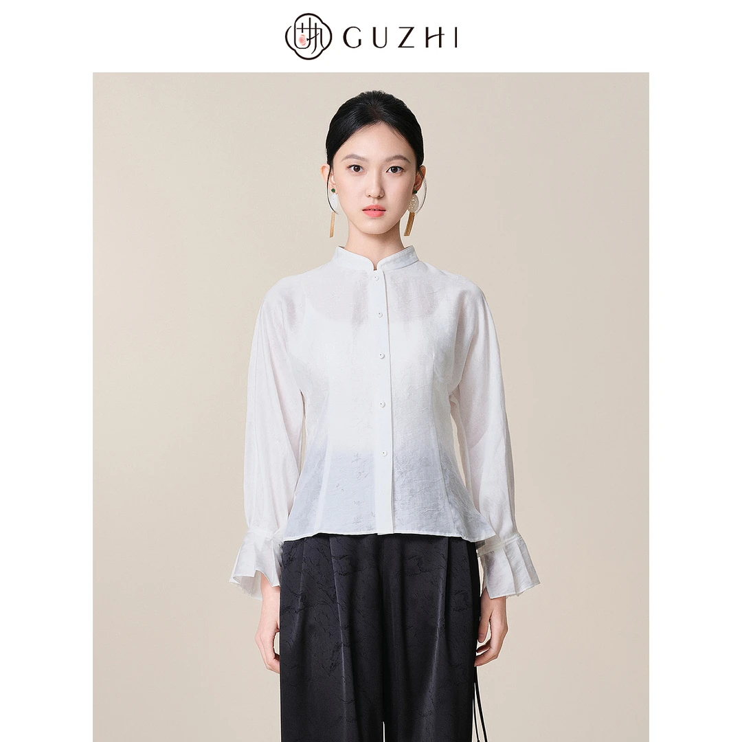 固执2025春季新款法式纯色通勤气质立领荷叶长袖衬衫女上装