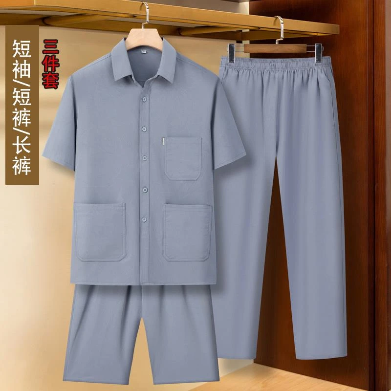 爸爸夏装套装冰丝短袖衬衫七分长裤男中老年人爷爷夏天三件套衣服