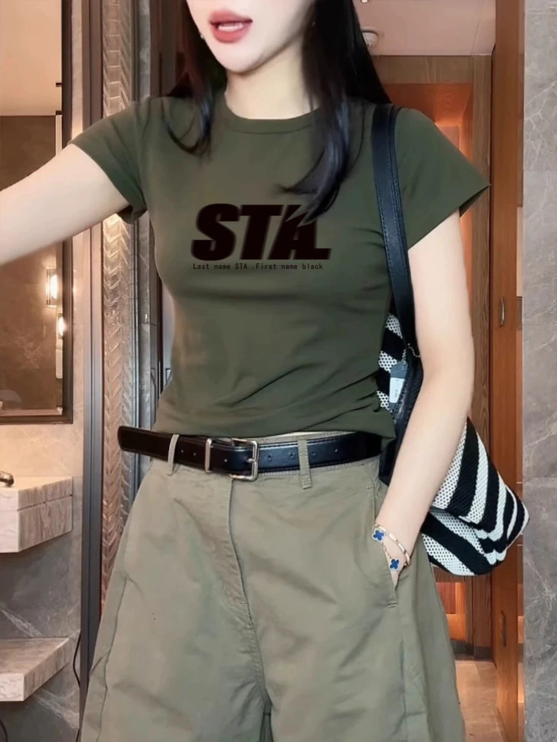 韩系t恤女圆领显瘦正肩短袖新款夏季复古军绿色减龄洋气显瘦上衣