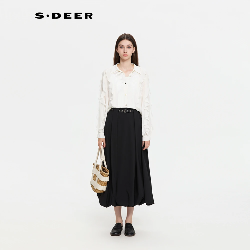 S·DEER圣迪奥女装白色小众上衣少女风衬衣叠层装饰衬衫S253Z0506