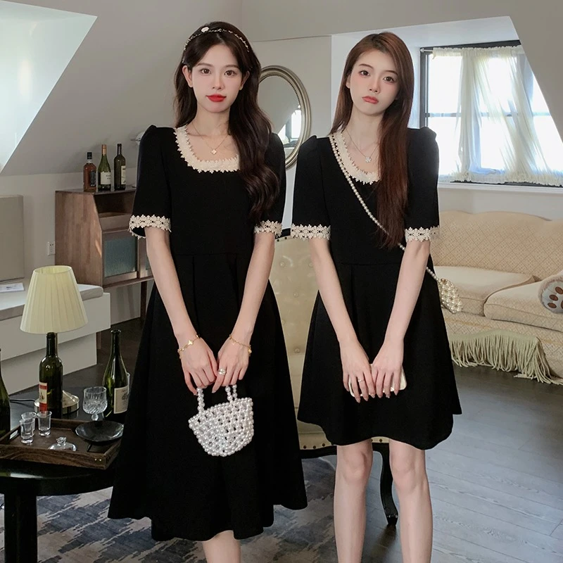 （现货）大码胖妹妹闺蜜装法式连衣裙显瘦气质夏装长裙黑色裙子1255