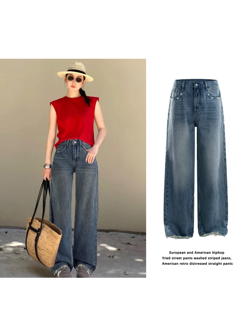 T1高级感阔腿牛仔裤女款爆款2025新款显瘦高腰窄版毛边复古INS