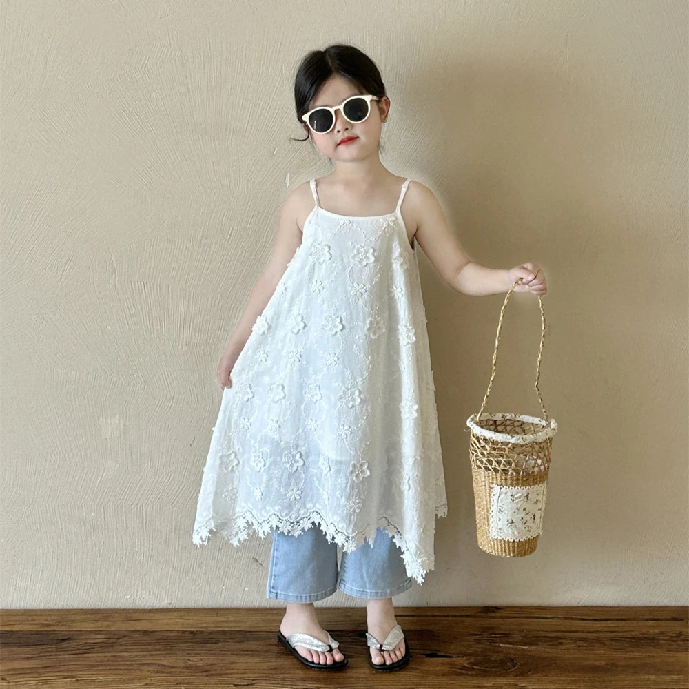 《小思家》女童2025夏季新款韩版休闲刺绣花边吊带裙牛仔喇叭裤套装