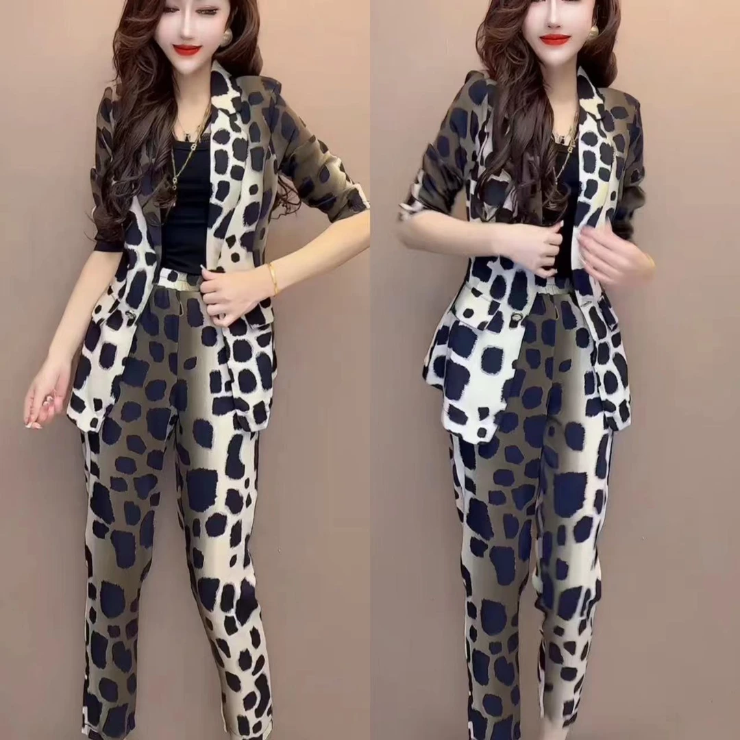 豹纹显瘦西装外套+小脚裤两件套高级感气质西服套装