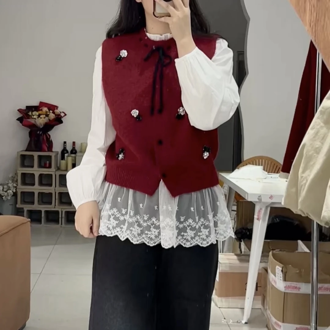 珠片花一套 韩甜美花朵针织马甲蝴蝶结系带加搭配的衬衫汉服风格
