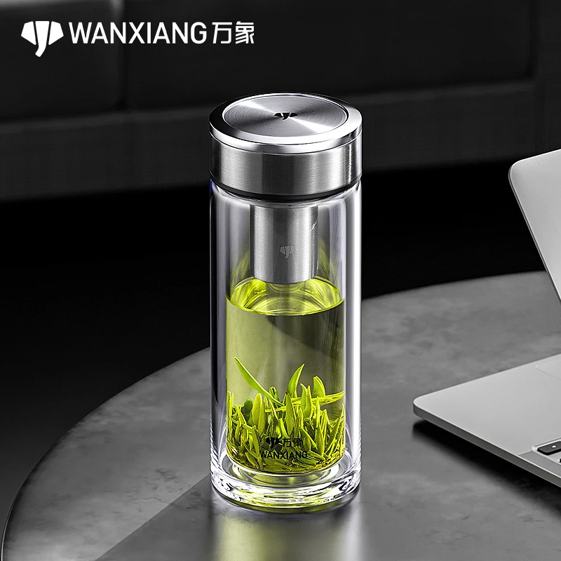 万象正品双层高硼硅玻璃杯茶杯透明便携商务车载水杯过滤隔热简约