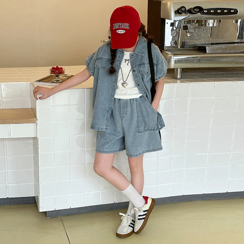 女童牛仔短袖衬衫套装夏季薄款2025新款儿童洋气女大童短裤夏装