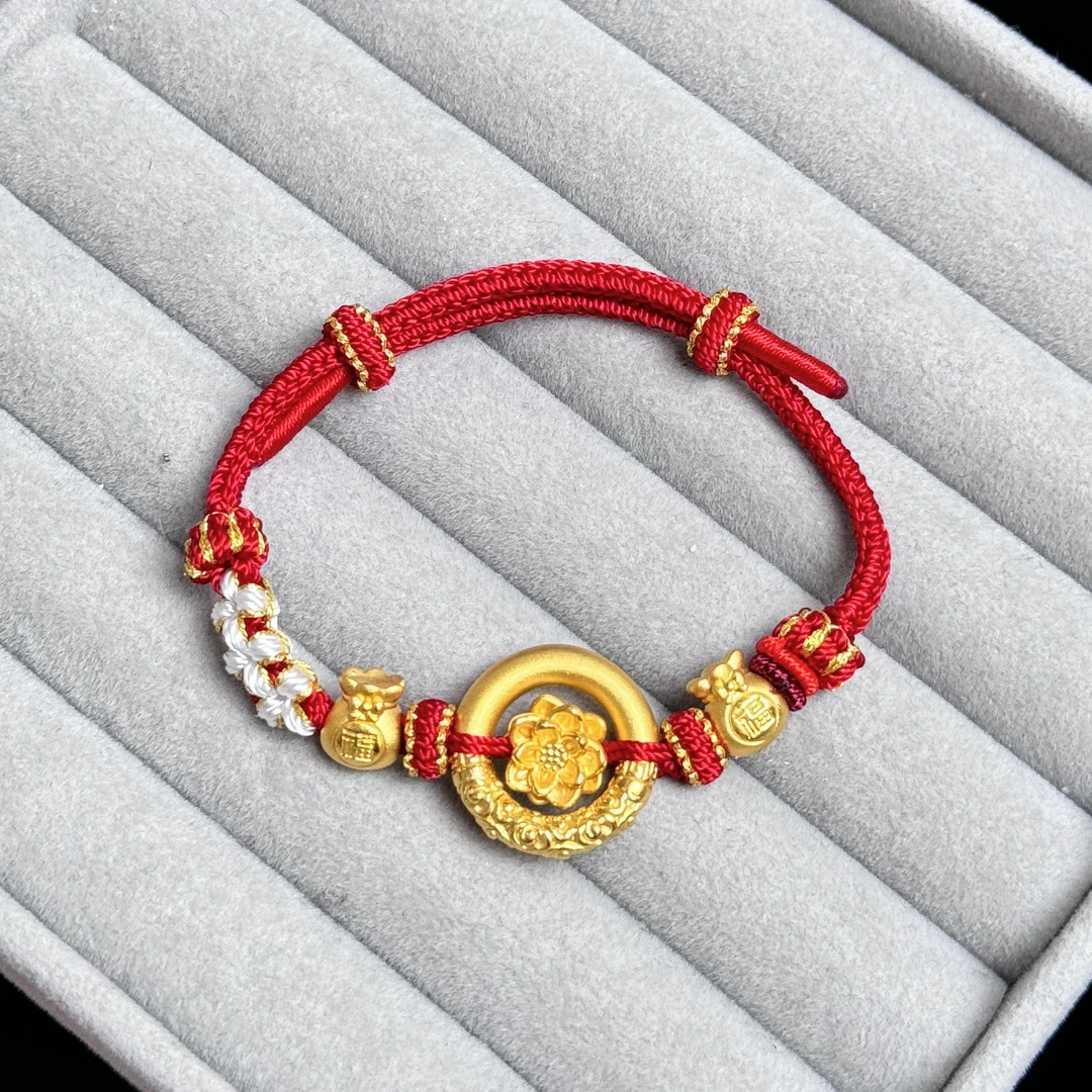足金999平安扣黄金手链乾坤圈手工编绳情侣款黄金手绳转运珠