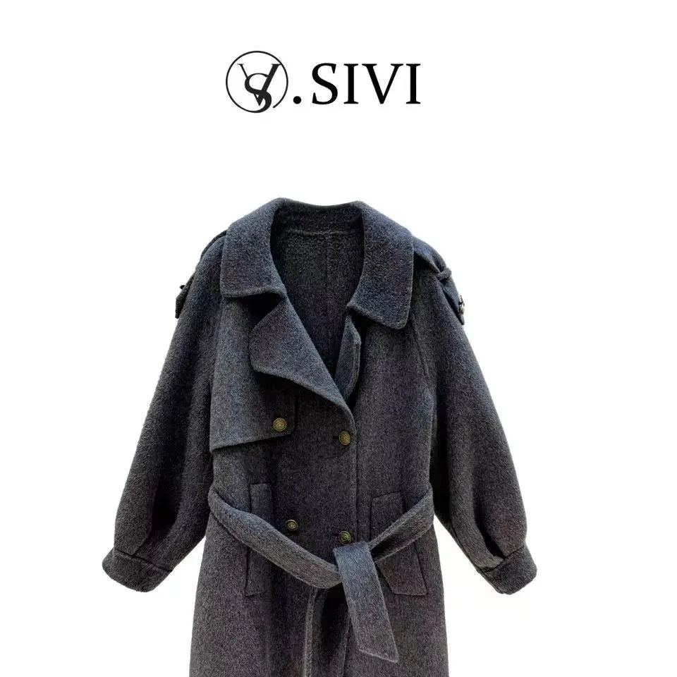 熙薇【北海微暖】秋冬季新款设计师休闲中长款大衣外套H5241