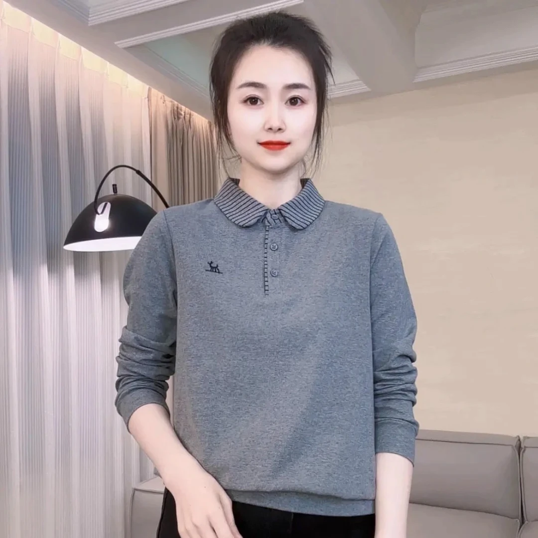 2025春秋拼色小圆领女时尚气质上衣新款长袖小衫宽松显瘦打底衫女