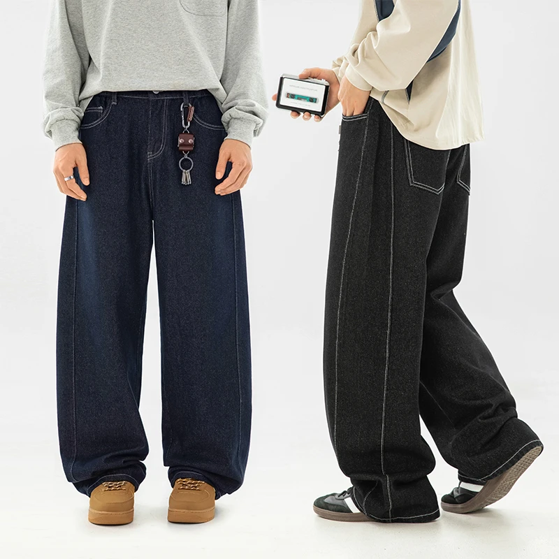 春夏季节新款宽松简约设计休闲百搭潮流纯色男女款牛仔长裤
