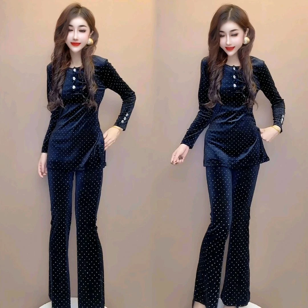 时尚亮钻丝绒套装女2025秋季新款洋气修身显瘦长袖上衣长裤两件套