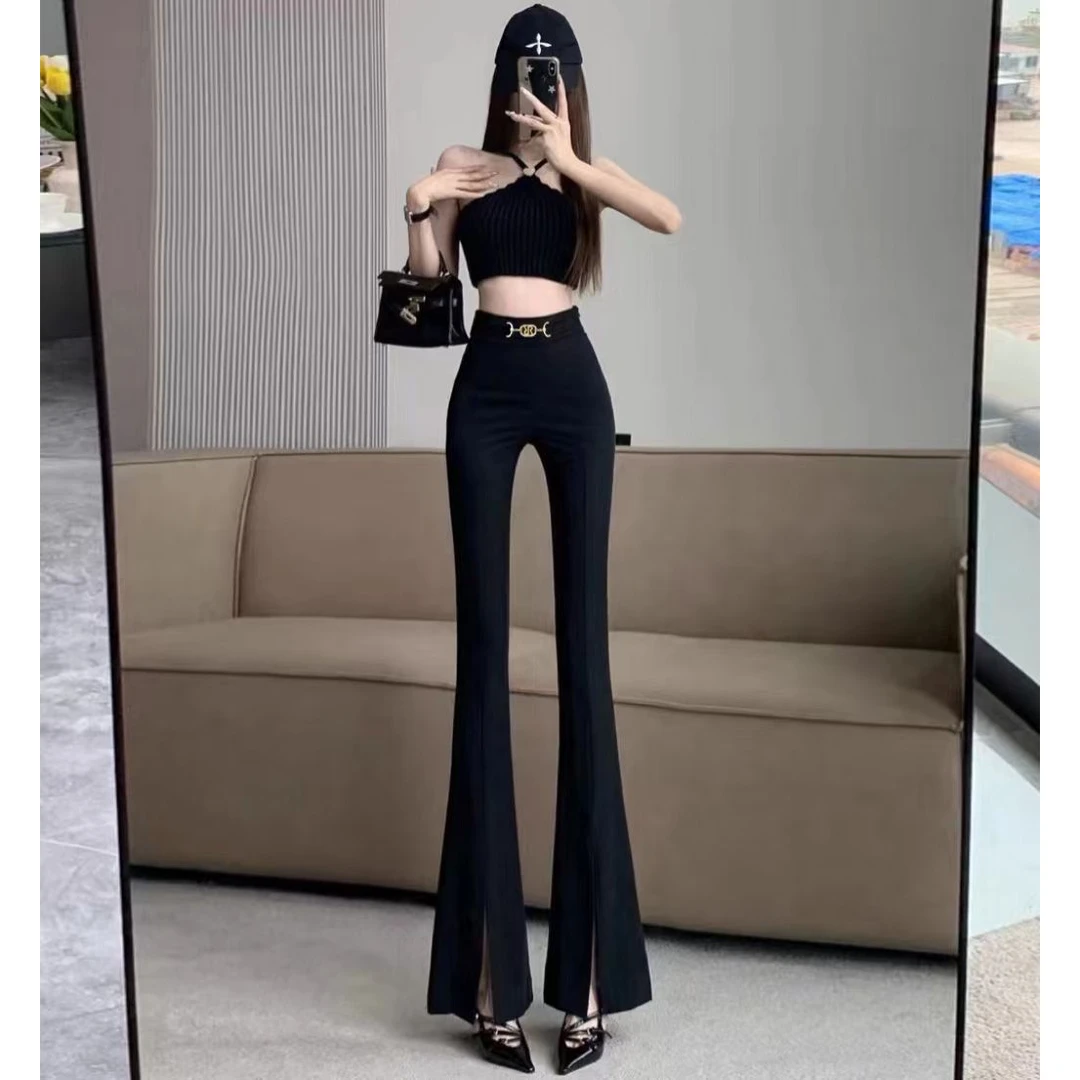 黑色开叉女2025春夏新款高腰显瘦微喇叭休闲长裤微喇叭裤1879#