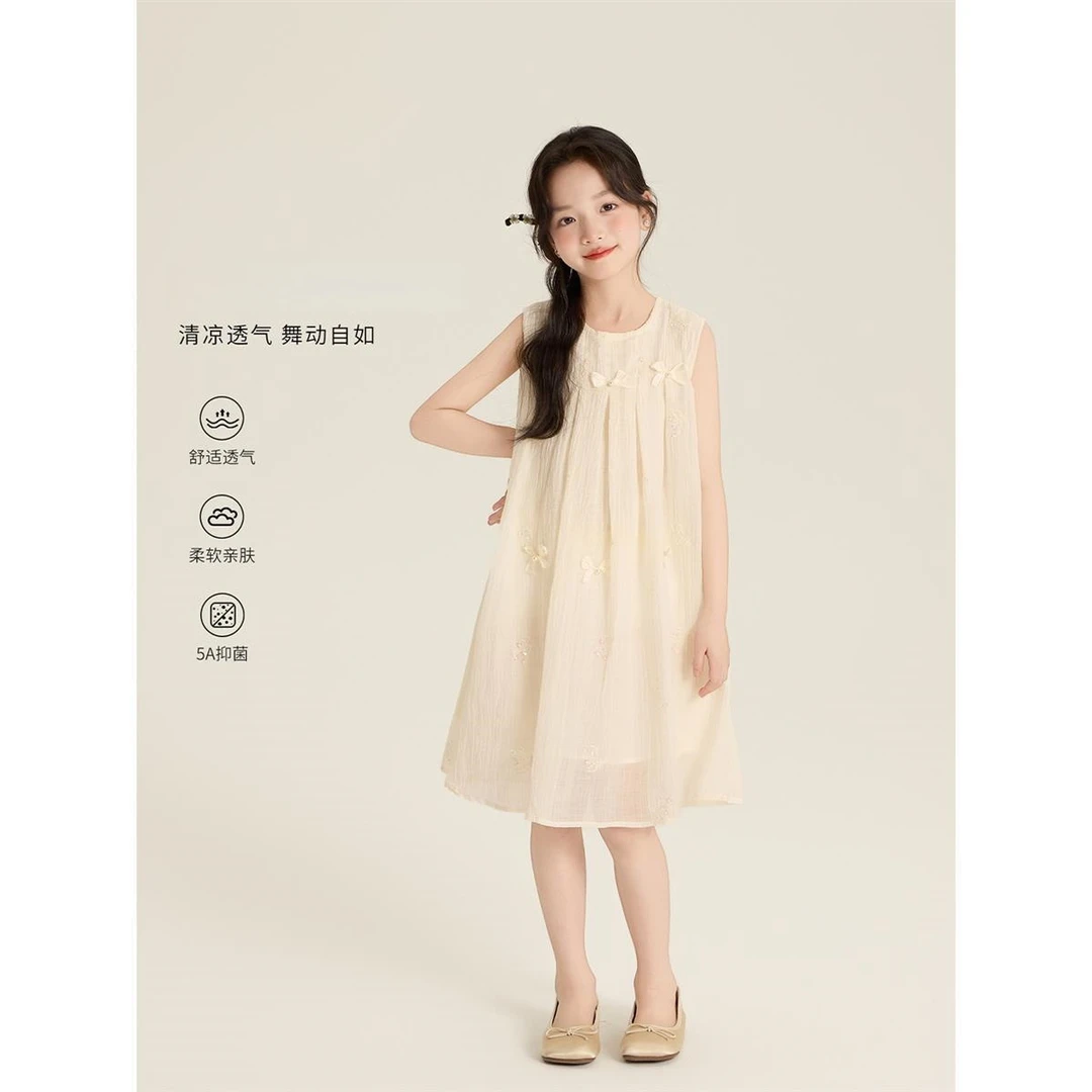 女童裙子夏季2025新款甜美清凉洋气蝴蝶结无袖背心裙公主连衣裙