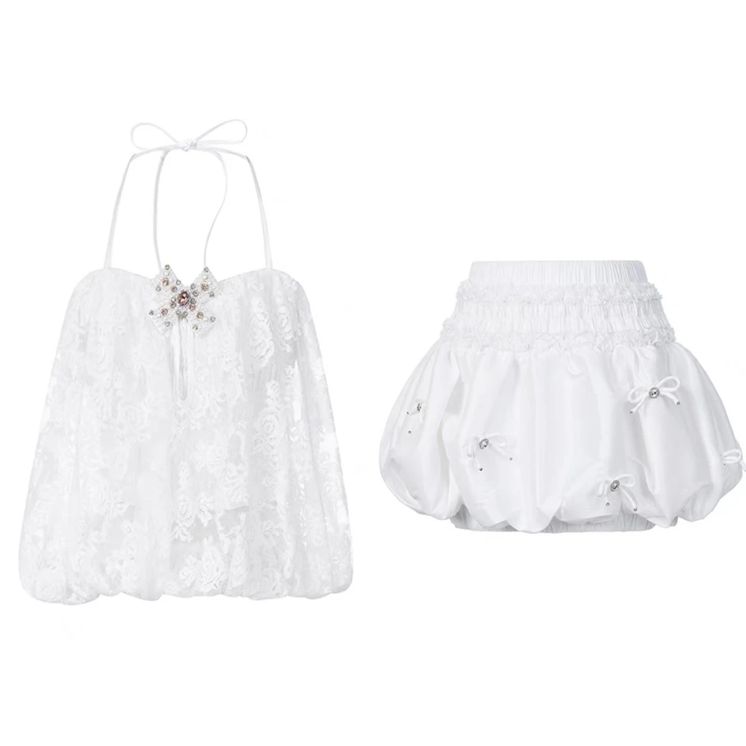 辰辰木子店白色网纱蕾丝吊带背心花苞裙（特价品no推no焕）