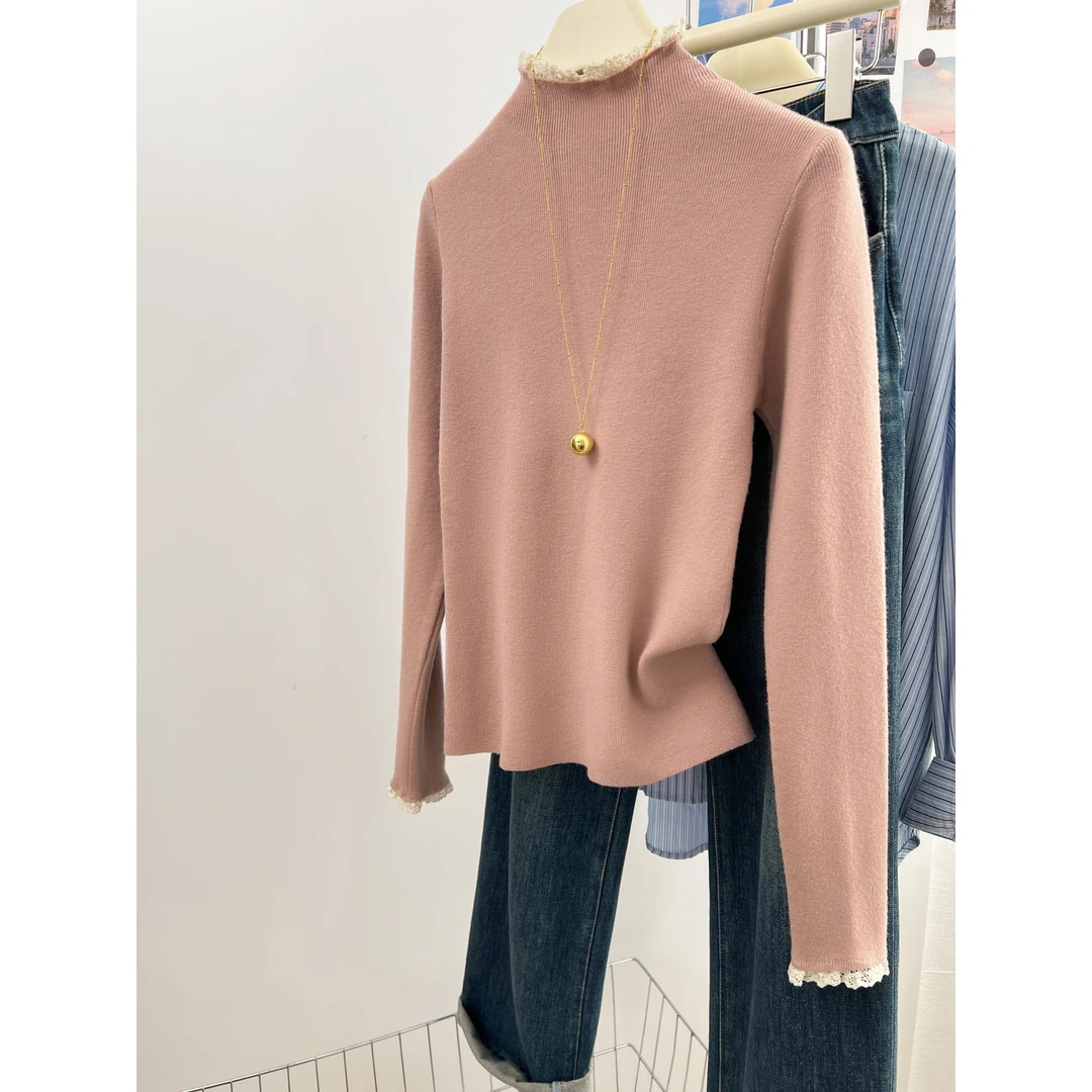 粉色蕾丝针织衫女设计感2025秋冬新款半高领毛衣修身内搭打底上衣