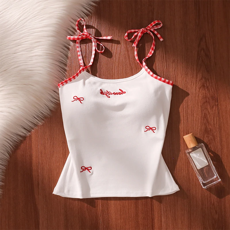 辣妹蝴蝶结吊带背心女夏外穿性感美背修身显瘦带胸垫打底抹胸上衣