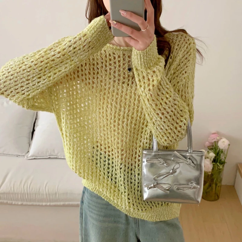 设计感镂空针织衫女2025春夏新款宽松显瘦长袖上衣薄款罩衫空调衫