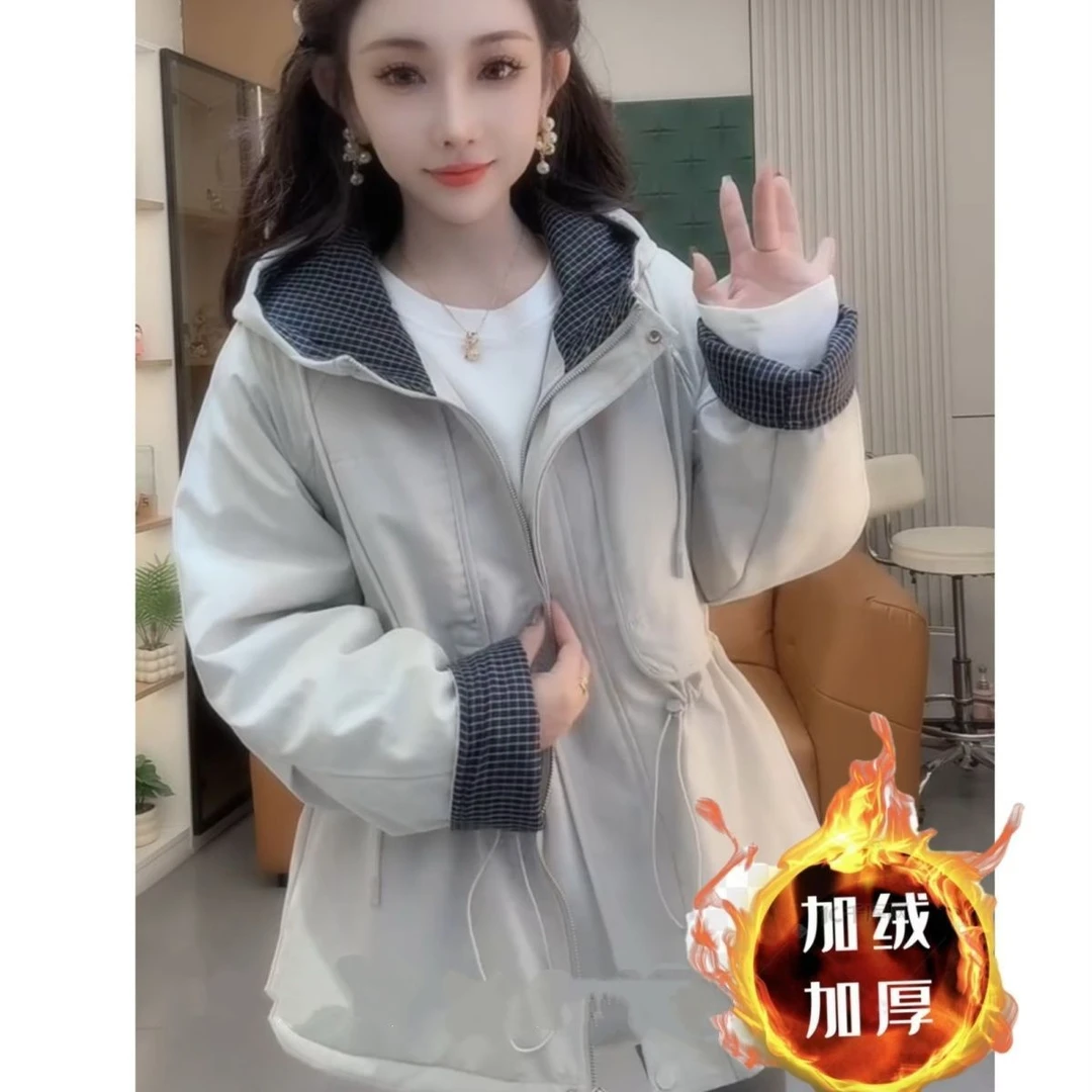 加绒加厚拼接工装派克服2025秋冬新款连帽时尚格子冬季中长款外套