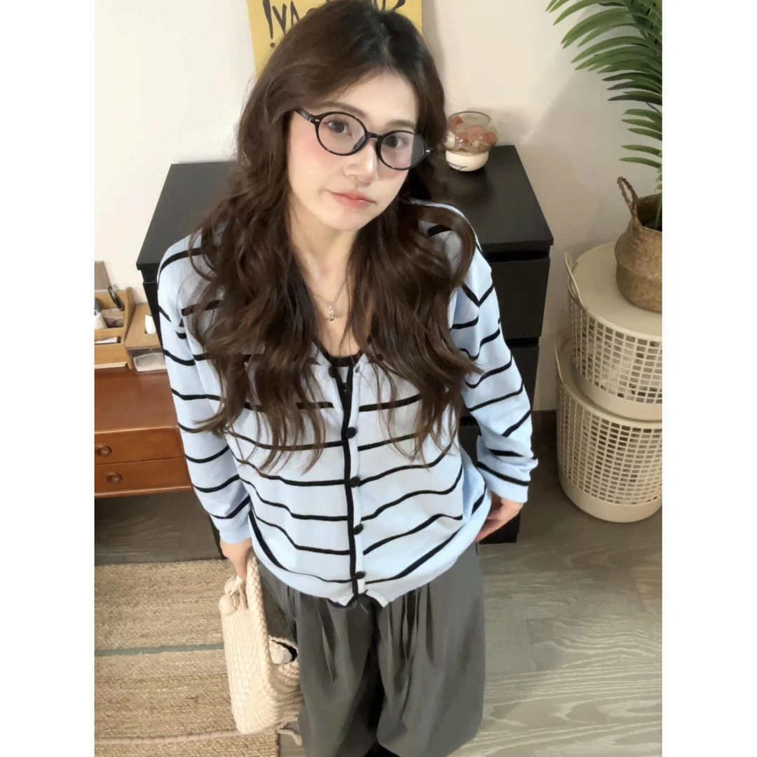 MARIE.COCO韩系通勤早秋款新款条纹针织开衫宽松显瘦阔腿裤子套装