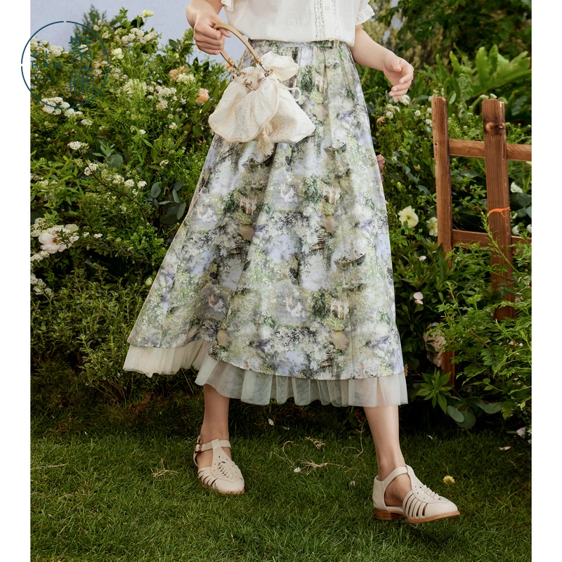 紫涵满印花半身裙夏季森系网纱内衬高腰A字中长款裙子Z4Z04ZS462