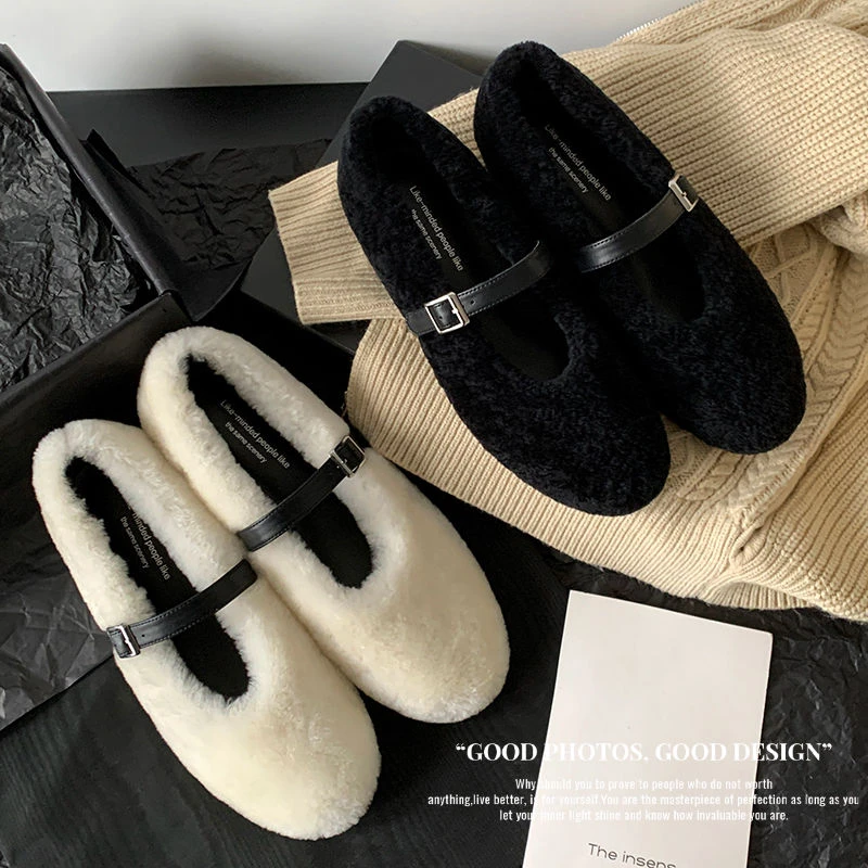 4cm内增/玛丽珍鞋25冬季韩版平跟皮带扣软底毛毛鞋外穿豆豆鞋保暖