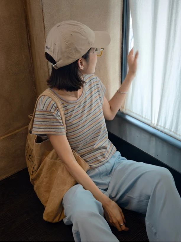 金子/JZ SO MUCH【“M豆T”】丝麻条纹日系清新H型休闲圆领T恤