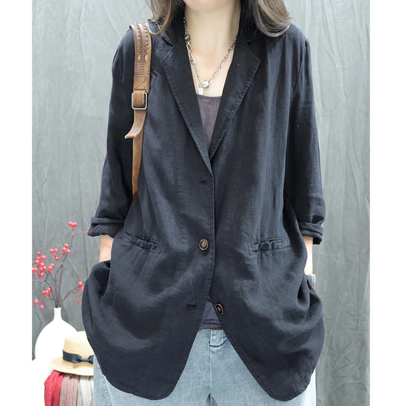 棉麻女装春季上衣女新款亚麻复古宽松西装外套女百搭长袖小西服女