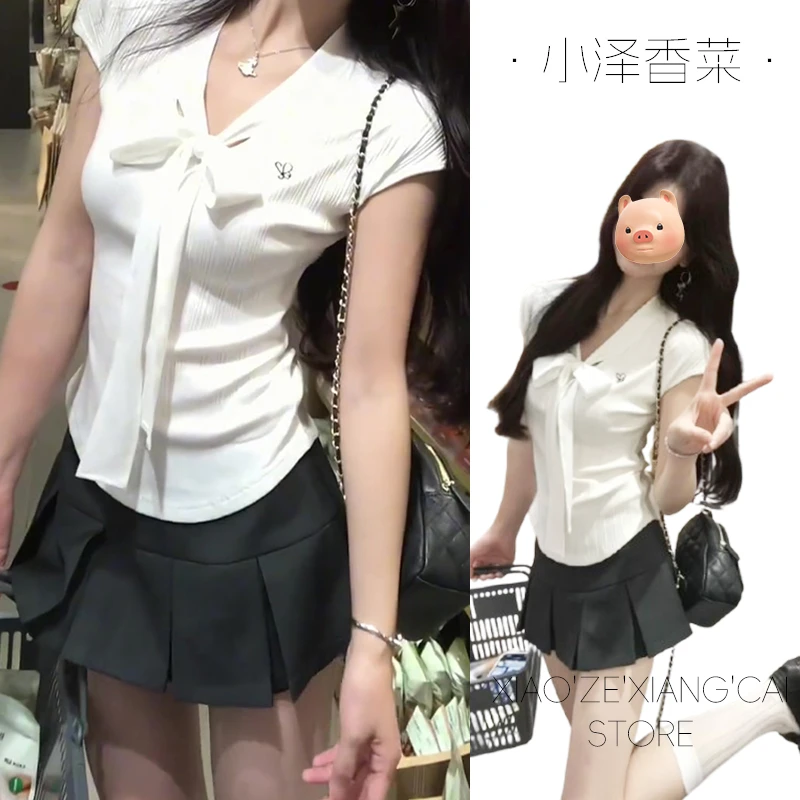 学院风美式正肩白色短袖T恤女夏季设计感小众小个子修身系带上衣