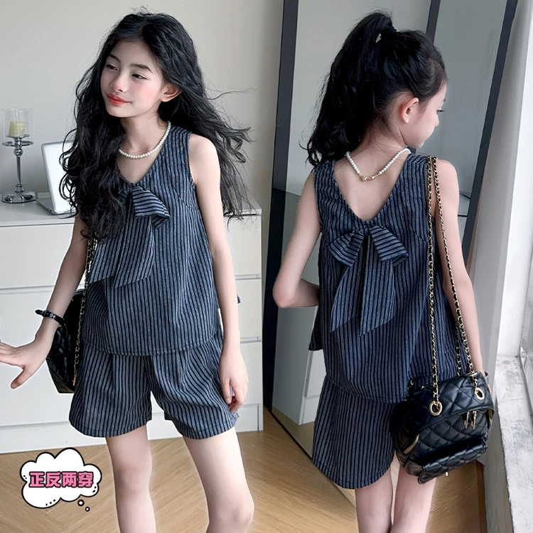 女童套装夏装2025新款儿童洋气夏季大童女孩时髦条纹背心短裤套装