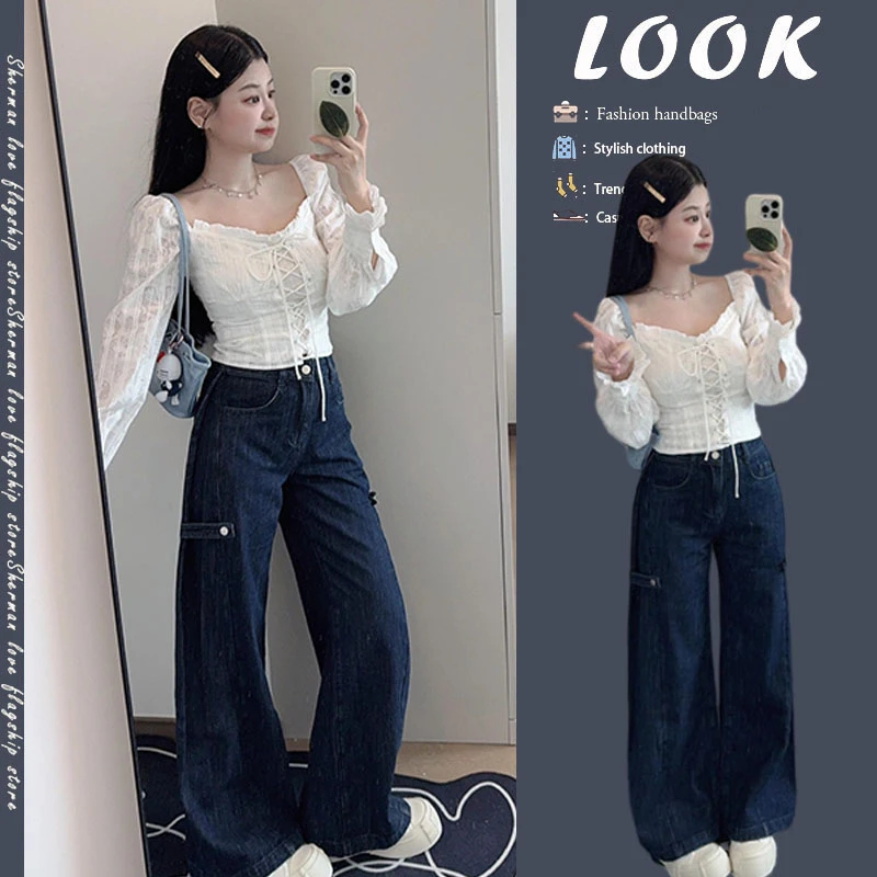 早春时尚穿搭女2025新款小众设计感系带上衣女阔腿牛仔裤两件套装
