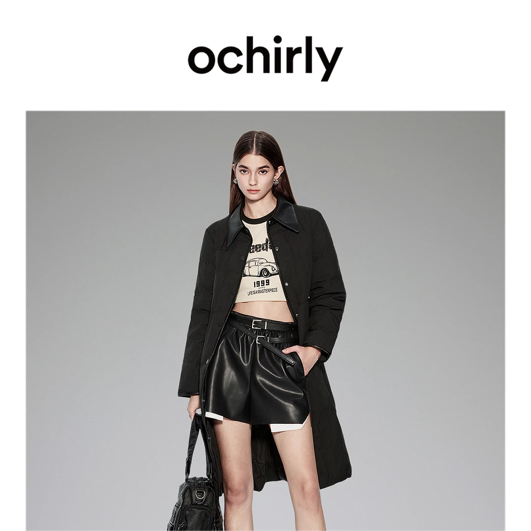 【高级哑光羽绒料】欧时力 皮革翻领腰带大衣2023新秋外套女神范