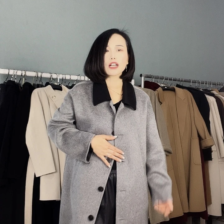 双面呢大衣灰色M码长款