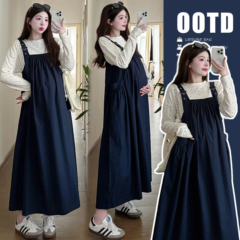 孕妇连衣裙秋季2025甜美减龄宽松韩版孕妇装连衣裙+波点上衣套装
